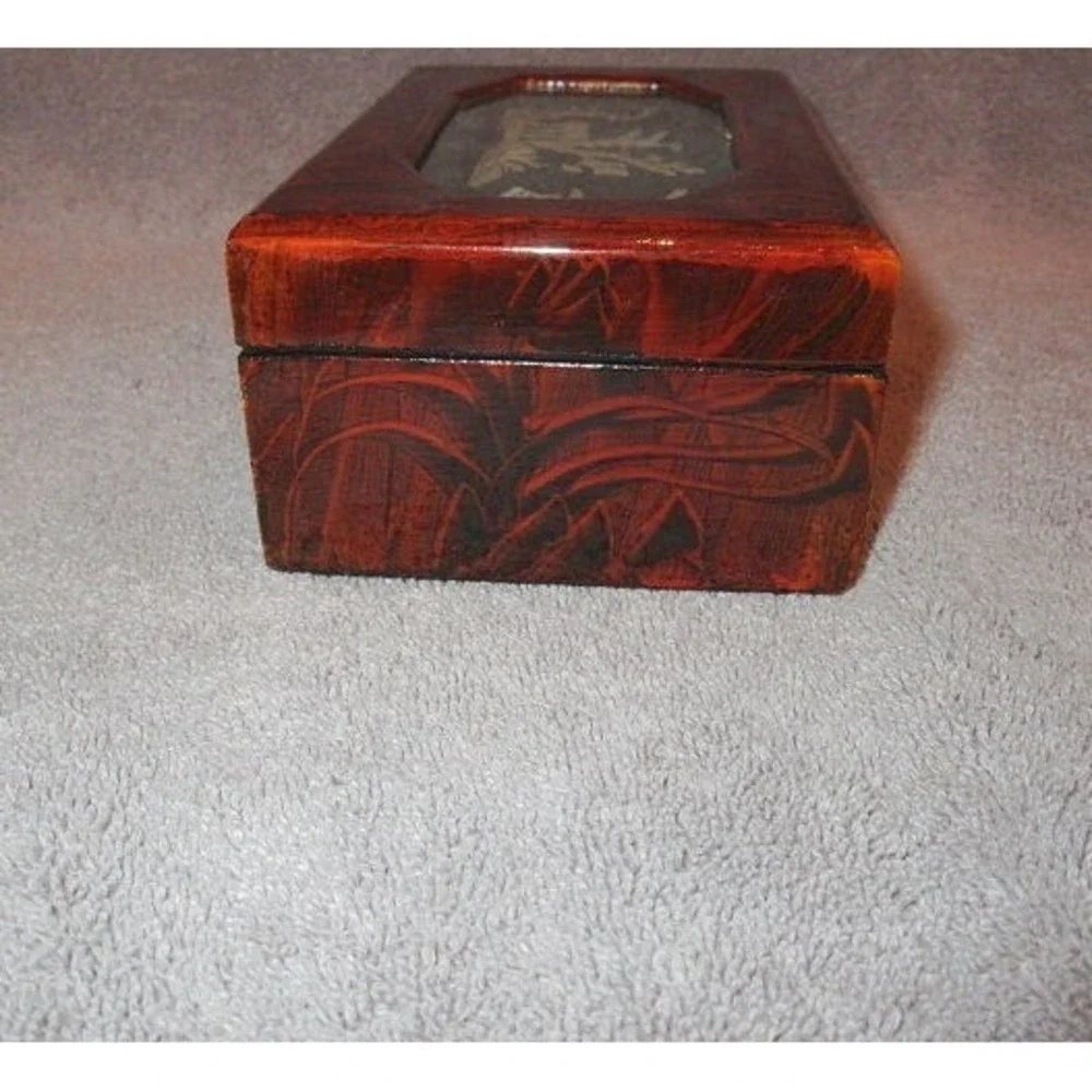 Vintage Wood Jewelry Box Asian Diorama Lacquered Cork Velvet Lined Glass Lid NEW